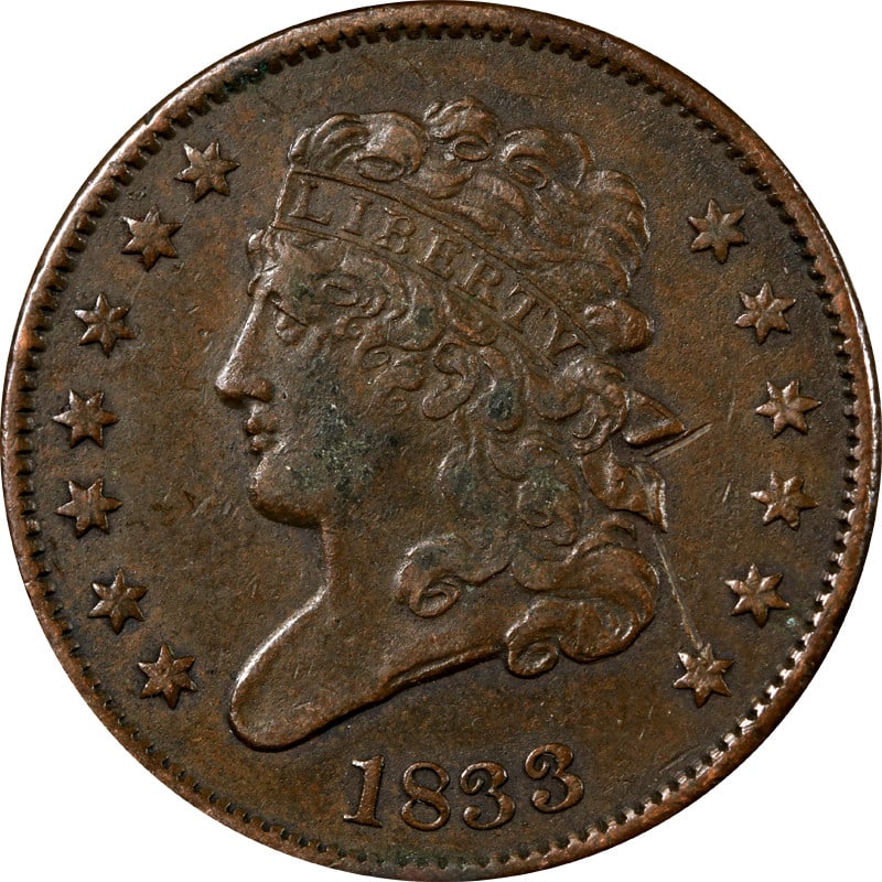 1833 United States Classic Head Half Cent Copper Coin: 1833 United States Classic Head Half Cent Copper Coin This is an 1833 Classic Head Half Cent from the United States, composed of copper. The coin is circulated and pre-owned. It is uncertified. Specif