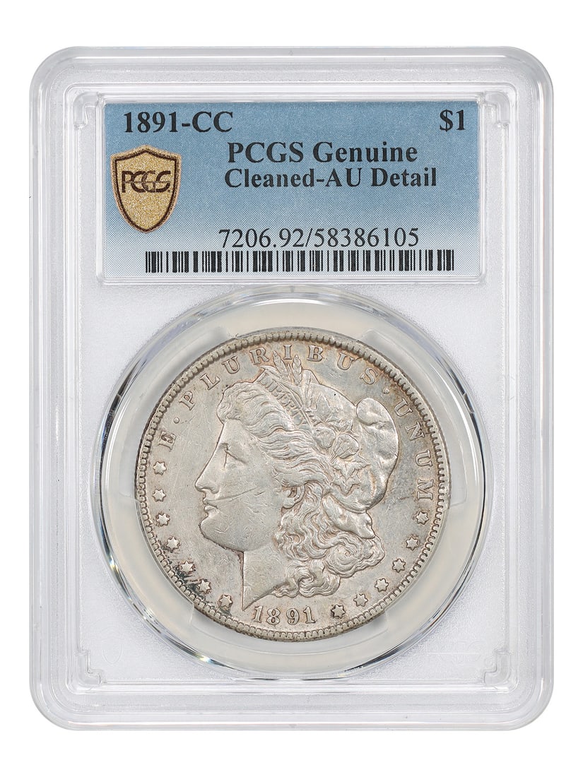 1891 Carson City Morgan Dollar $1 PCGS AU Details Cleaned: 1891 Carson City Morgan Dollar $1 PCGS AU Details Cleaned 1891-CC Morgan Dollar with PCGS certification and certification number 58386105. This Carson City Mint issue is a scarce date and is described
