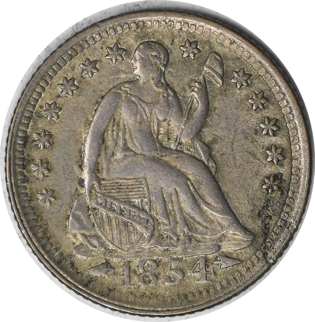 1854 Seated Liberty Half Dime Arrows AU Uncertified: 1854 Seated Liberty Half Dime Arrows AU Uncertified This 1854 Liberty Seated Silver Half Dime with Arrows is a circulated coin from the United States. Featuring the classic Seated Liberty design,