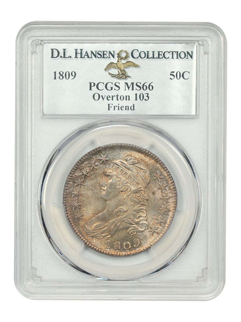 PCGS MS66 1809 Capped Bust Half Dollar Overton-103 ex Friend: PCGS MS66 1809 Capped Bust Half Dollar Overton-103 ex Friend An 1809 Capped Bust Half Dollar, graded MS66 by PCGS and identified as Overton-103. It is described as the sole finest known Overton 103