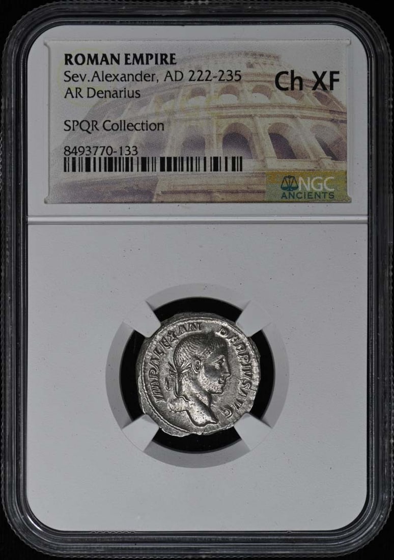 NGC XF45 Roman Denarius Silver Coin of Severus Alexander: NGC XF45 Roman Denarius Silver Coin of Severus Alexander This Roman Empire AR Denarius features Emperor Severus Alexander and dates from AD 222-235. The coin has been certified by NGC with a grade of