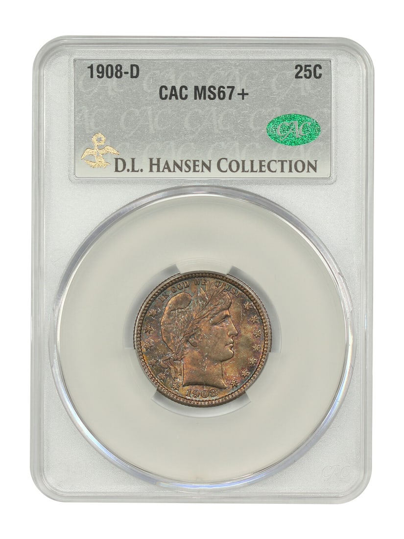 CACG MS67+ 1908-D Barber Quarter 25C ex D.L. Hansen: CACG MS67+ 1908-D Barber Quarter 25C ex D.L. Hansen 1908-D Barber Quarter certified by CACG and graded MS67+. This uncirculated 25C coin from the Denver Mint is described as having unmatched luster