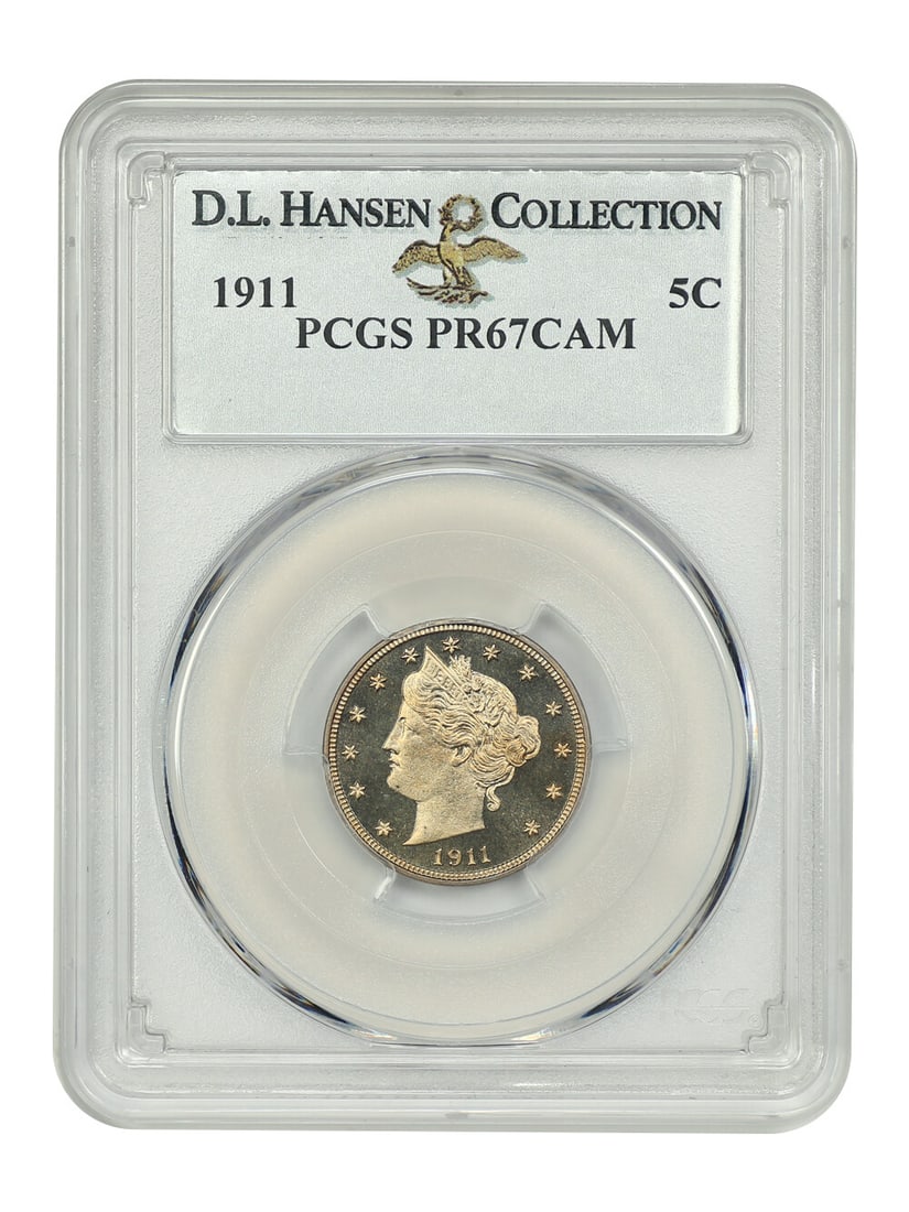 PCGS PR67CAM 1911 Liberty Nickel 5C ex D.L. Hansen: PCGS PR67CAM 1911 Liberty Nickel 5C ex D.L. Hansen 1911 5C Liberty Nickel certified by PCGS and graded PR67CAM. This uncirculated proof coin from Philadelphia features creamy silver surfaces with ligh