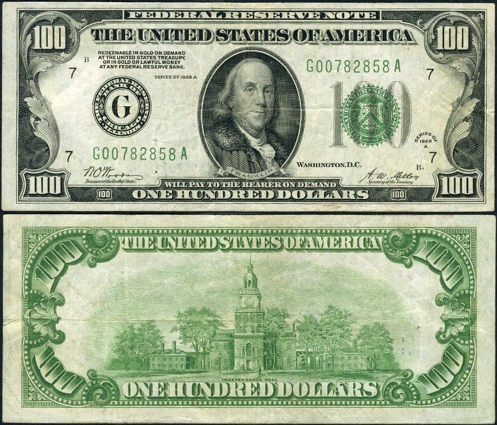 Chicago 1928-A $100 Federal Reserve Note Fr 2151 G-A Block VF+ (1 of 3)