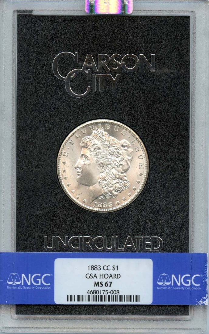 NGC MS67 Carson City 1883 Morgan Silver Dollar GSA Hoard: NGC MS67 Carson City 1883 Morgan Silver Dollar GSA Hoard This 1883-CC Morgan Dollar is part of the GSA Hoard and has been certified by NGC with a grade of MS67. Struck at the Carson City Mint, this un