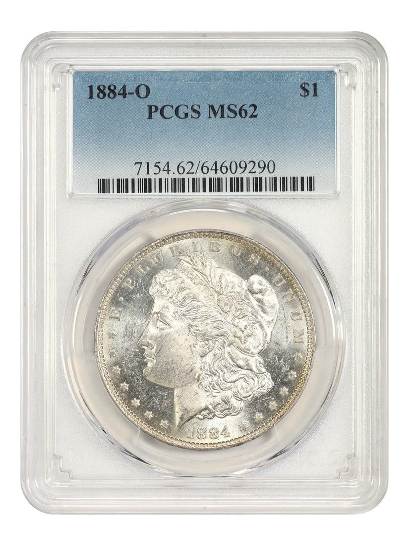 PCGS MS62 1884 O Morgan Dollar $1 New Orleans Mint: PCGS MS62 1884 O Morgan Dollar $1 New Orleans Mint An 1884-O Morgan Dollar $1 certified by PCGS and graded MS62. Struck at the New Orleans Mint, this uncirculated coin is offered in pre-owned conditio