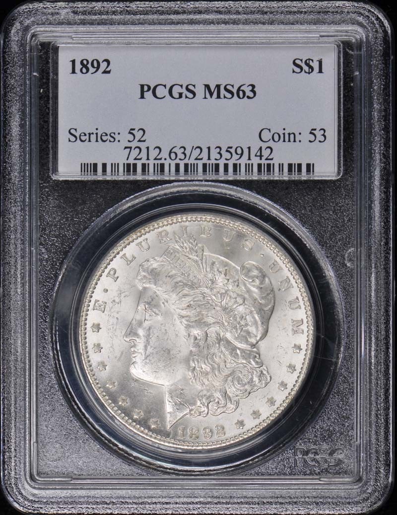 1892 Morgan Dollar PCGS MS63 Uncirculated Philadelphia Coin: 1892 Morgan Dollar PCGS MS63 Uncirculated Philadelphia Coin This 1892 $1 Morgan Dollar is a stunning example of numismatic craftsmanship, certified by PCGS with a grade of MS63. The coin, minted in Ph
