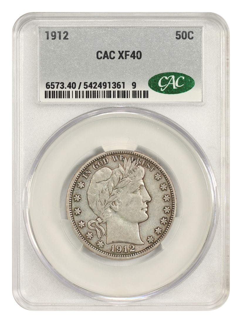 1912 Barber Half Dollar 50C XF40 CACG Certified: 1912 Barber Half Dollar 50C XF40 CACG Certified A 1912 Barber Half Dollar, denomination 50C, struck in Philadelphia and certified by CACG with grade XF40. The coin is circulated and pre-owned. Specifi