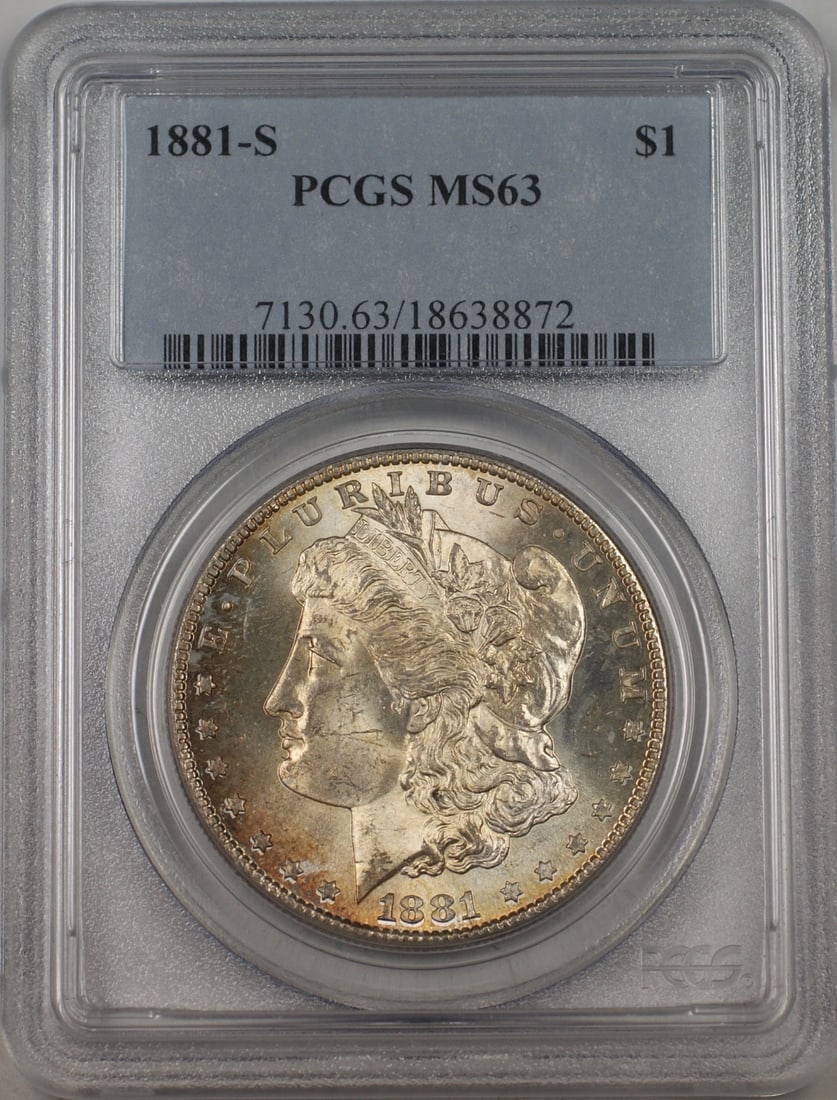 PCGS MS63 1881-S Morgan Silver Dollar: PCGS MS63 1881-S Morgan Silver Dollar This 1881-S Morgan Silver Dollar is a US coin minted in San Francisco. It is composed of silver and has been certified by PCGS with a grade of MS 63. The coin is 