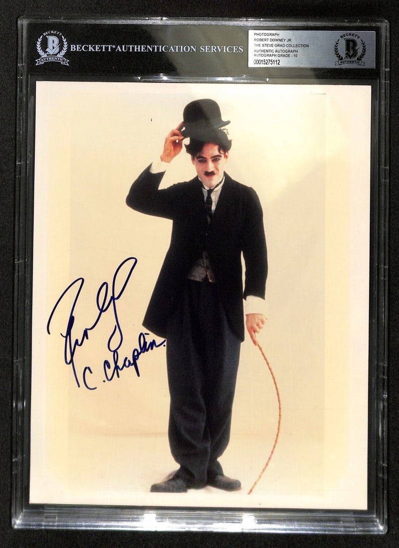 8x10 Photo Signed by Robert Downey Jr Chaplin Inscription Beckett Auto 10 Slab: 8x10 Photo Signed by Robert Downey Jr Chaplin Inscription Beckett Auto 10 Slab This is an original 8x10 color photograph autographed by Robert Downey Jr. The actor has signed the photo in blue permane