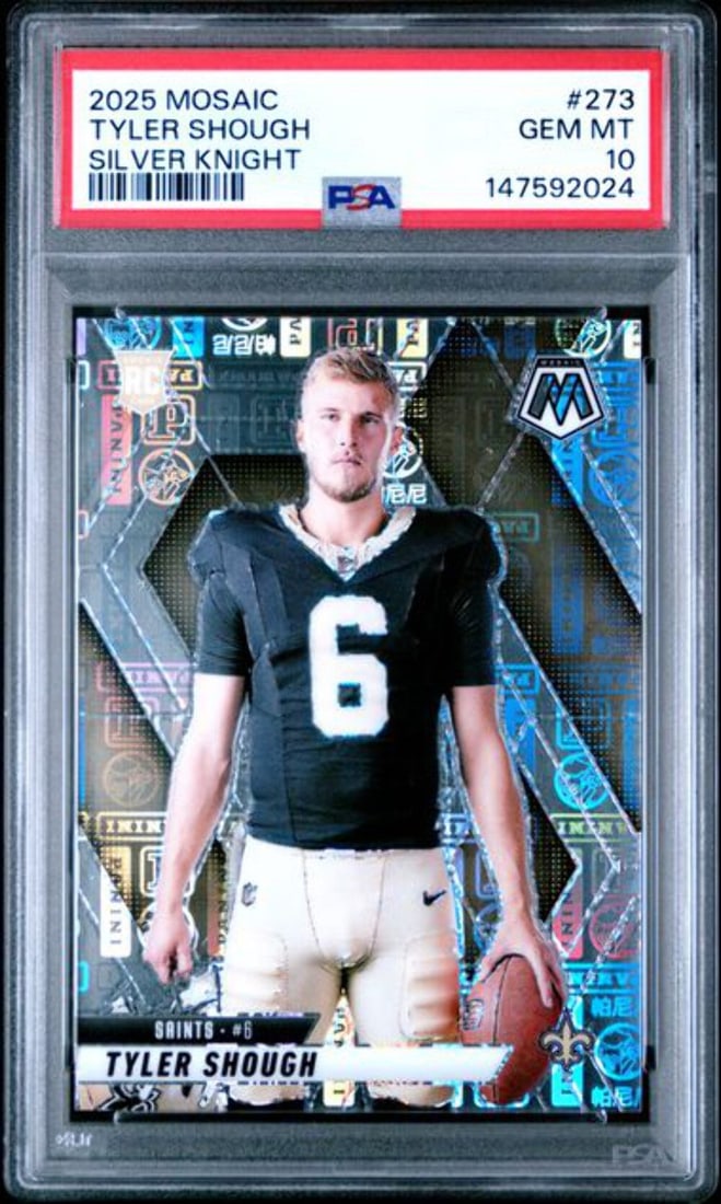 PSA 10 Tyler Shough 2025 Panini Mosaic Silver Knight Rookie Card 149: PSA 10 Tyler Shough 2025 Panini Mosaic Silver Knight Rookie Card 149 This is an original 2025 Panini Mosaic Tyler Shough Silver Knight Rookie Card, numbered 273 out of 149. The card has been professio