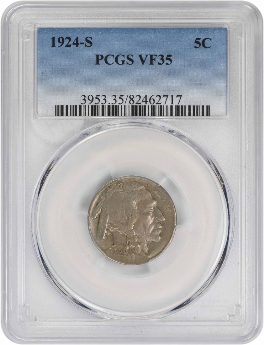 PCGS VF35 1924-S Buffalo Nickel 5C: PCGS VF35 1924-S Buffalo Nickel 5C This is a 1924-S Buffalo Nickel graded VF35 by PCGS. The coin is circulated and features the classic Buffalo design. It is composed of nickel and originates from the