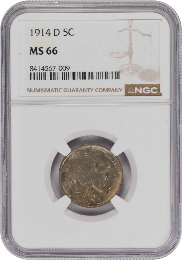 NGC MS66 1914-D Buffalo 5C Denver Nickel: NGC MS66 1914-D Buffalo 5C Denver Nickel This 1914-D Buffalo Nickel is graded MS66 by NGC. Struck in Denver in 1914, this coin features a composition of 75% copper and 25% nickel. Designed by James Ea