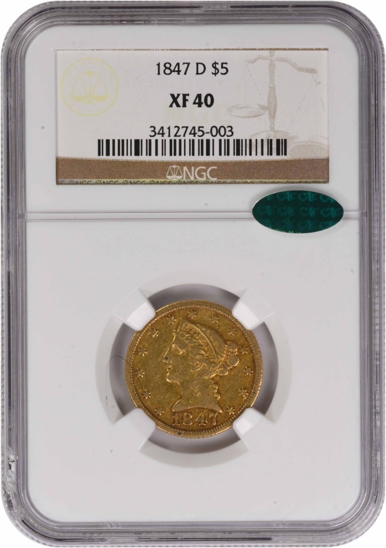 1847 Dahlonega Liberty $5 Gold Coin NGC EF40 CAC: 1847 Dahlonega Liberty $5 Gold Coin NGC EF40 CAC This 1847 $5 Gold Liberty coin was minted in Dahlonega and is graded EF40 by NGC. The coin is composed of gold, originates from the United States, and 