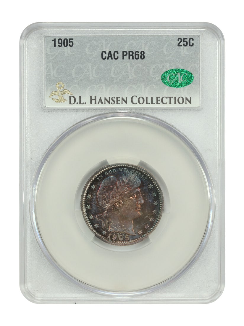 Barber Quarter 1905 25C PR68 CACG ex D.L. Hansen: Barber Quarter 1905 25C PR68 CACG ex D.L. Hansen This 1905 Barber Quarter is a proof 25C coin certified by CACG and graded PR68. It was struck in Philadelphia and is described as deeply toned througho