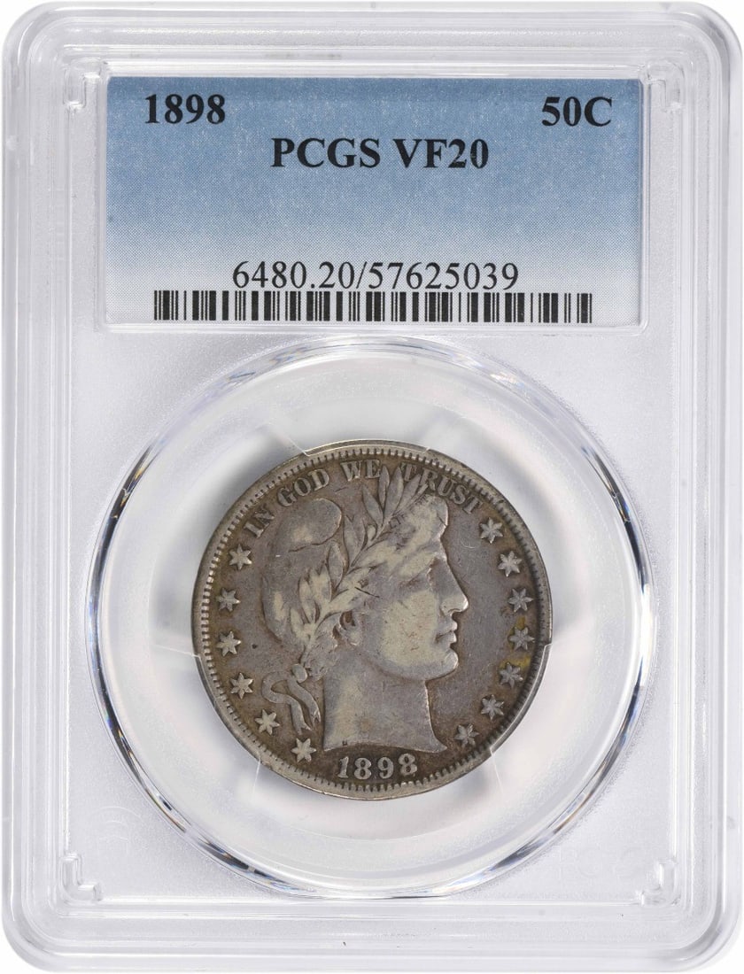 1898 Barber Silver Half Dollar VF20 Certified PCGS 50C: 1898 Barber Silver Half Dollar VF20 Certified PCGS 50C This 1898 Barber Silver Half Dollar is a remarkable piece of numismatic history, certified by PCGS. Struck at the Philadelphia mint, this coin fe