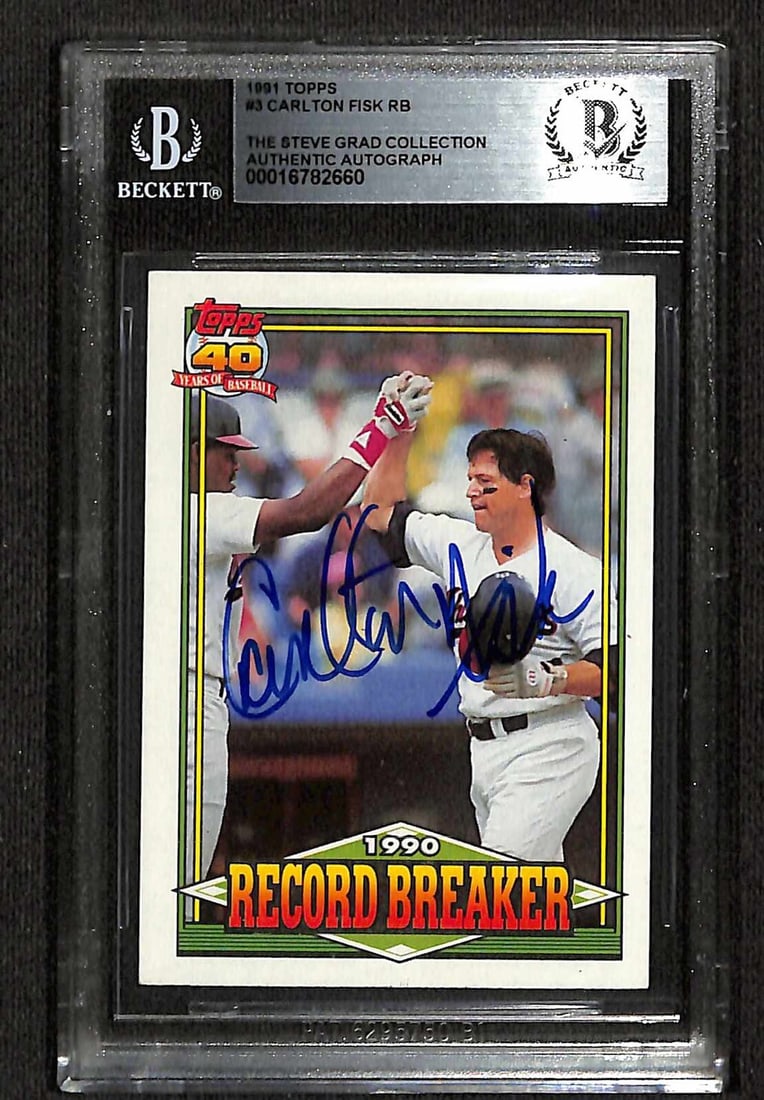 Carlton Fisk Signed 1991 Topps #3 Card Beckett Authenticated: Carlton Fisk Signed 1991 Topps #3 Card Beckett Authenticated This is an autographed 1991 Topps #3 baseball card featuring Carlton Fisk, the legendary catcher for the Chicago White Sox. The card is sig
