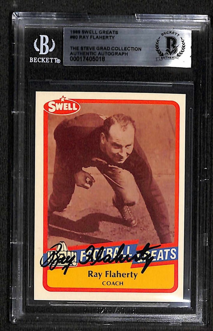 Ray Flaherty Signed 1989 Swell Greats #80 Card Beckett Authenticated: Ray Flaherty Signed 1989 Swell Greats #80 Card Beckett Authenticated This autographed 1989 Swell Greats #80 sports trading card features the signature of Ray Flaherty, the legendary New York Giants co