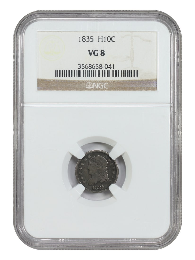 1835 Large Date Capped Bust Half Dime H10C NGC VG08: 1835 Large Date Capped Bust Half Dime H10C NGC VG08 An 1835 Capped Bust Half Dime graded VG08 by NGC, with the Large Date variety. This circulated coin was minted in Philadelphia and is identified as 
