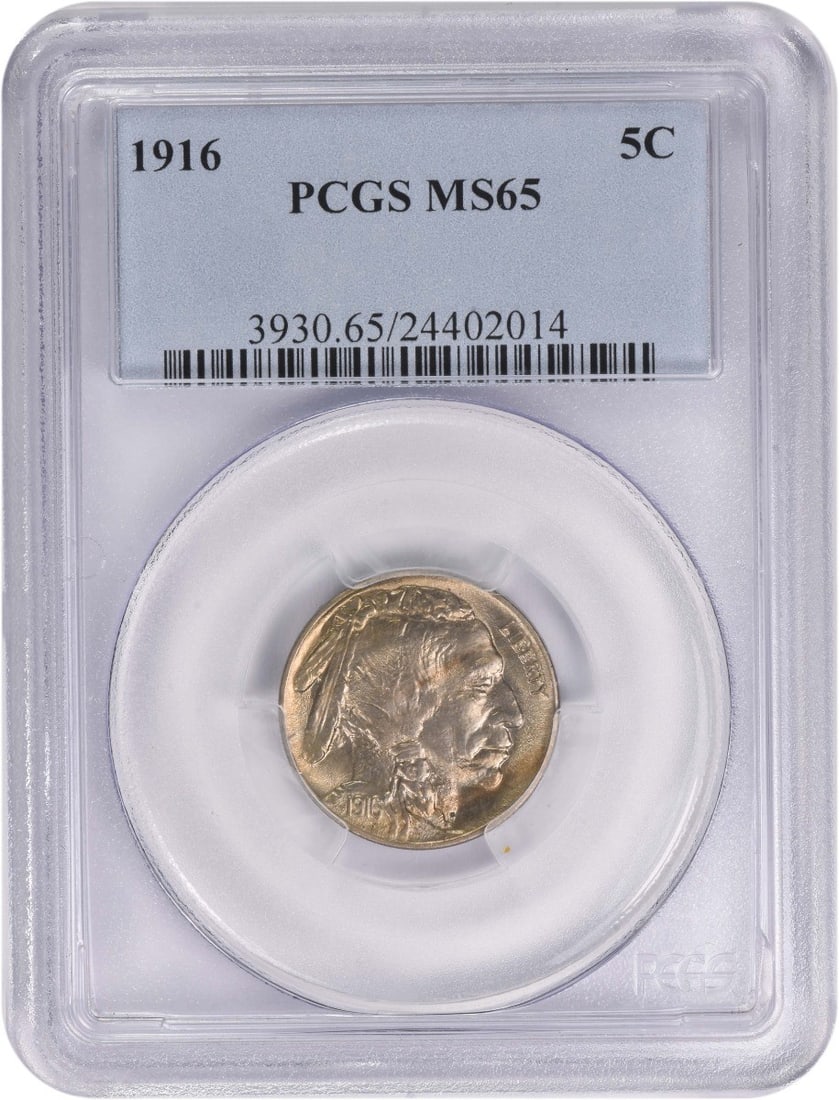 1916 Philadelphia Buffalo Five Cent Coin MS65 Graded by PCGS: 1916 Philadelphia Buffalo Five Cent Coin MS65 Graded by PCGS This 1916 Buffalo Nickel from the Philadelphia Mint is graded MS65 by PCGS. Designed by James Earle Fraser, the coin is uncirculated and ma