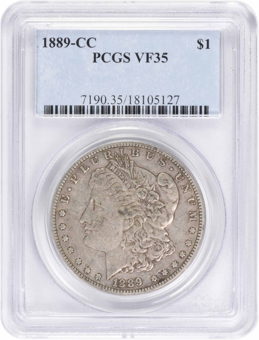 PCGS VF35 1889 CC Morgan Dollar Carson City Silver: PCGS VF35 1889 CC Morgan Dollar Carson City Silver This 1889-CC Morgan Silver Dollar is graded VF35 by PCGS. Struck at the Carson City Mint, this pre-owned coin is composed of 90% silver and 10% coppe