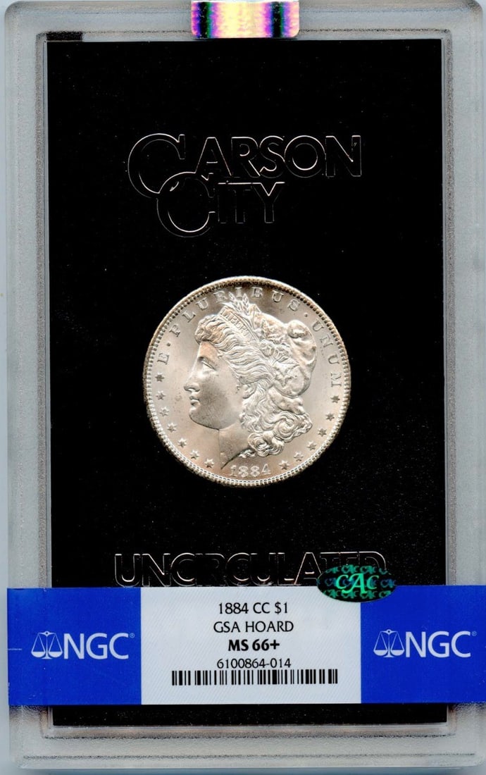NGC MS66 Plus Carson City Morgan Dollar GSA Hoard CAC 1884: NGC MS66 Plus Carson City Morgan Dollar GSA Hoard CAC 1884 This 1884-CC Morgan Silver Dollar features a high MS66+ grade, certified by NGC and verified by CAC. Struck at the Carson City Mint, this unc