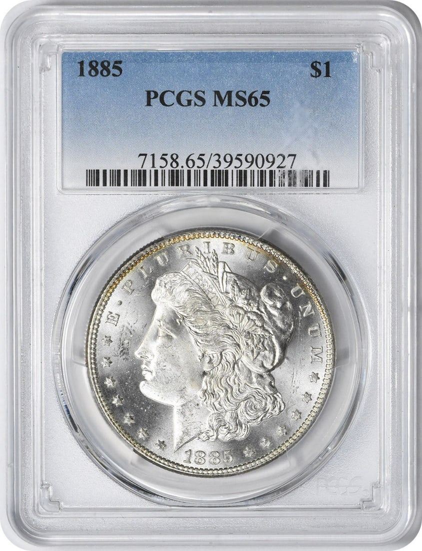 1885 Morgan Silver Dollar MS65 Uncirculated PCGS Certified: 1885 Morgan Silver Dollar MS65 Uncirculated PCGS Certified This 1885 Morgan Silver Dollar is graded MS65 by PCGS, indicating its exceptional uncirculated condition. Struck in Philadelphia, this coin f