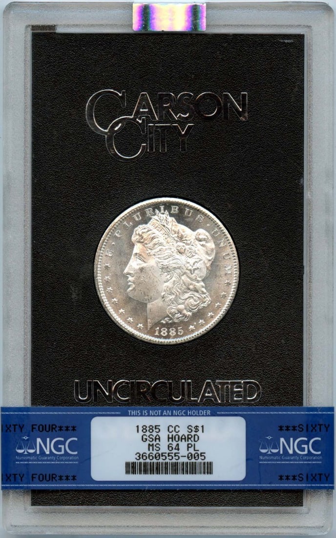 NGC MS64PL 1885 Carson City Morgan Silver Dollar GSA Hoard: NGC MS64PL 1885 Carson City Morgan Silver Dollar GSA Hoard This is an 1885-CC Morgan Dollar from the GSA Hoard, graded MS64 Proof-Like (PL) by NGC. This uncirculated silver dollar, minted in Carson Ci
