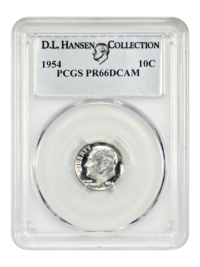 1954 Roosevelt Dime 10C PCGS PR66DCAM ex D.L. Hansen: 1954 Roosevelt Dime 10C PCGS PR66DCAM ex D.L. Hansen 1954 Roosevelt Dime, certified by PCGS as PR66DCAM. This uncirculated Philadelphia proof coin is identified as ex: D.L. Hansen. It is mostly blast 