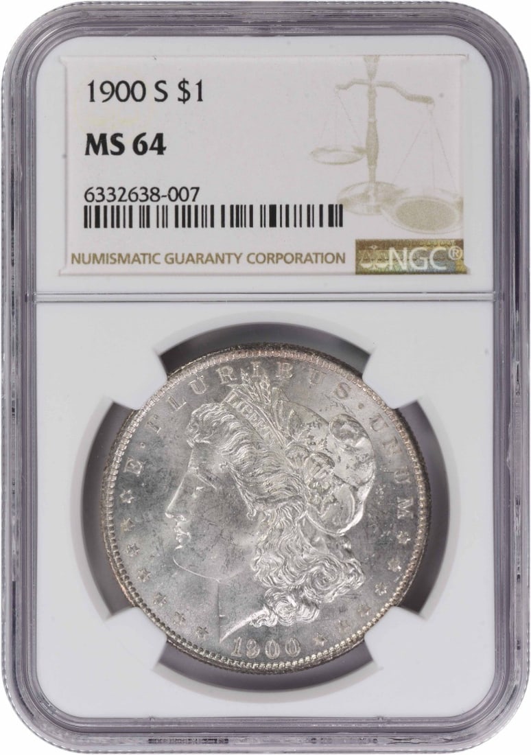 NGC MS64 1900 San Francisco Morgan Dollar 90 Percent Silver Coin: NGC MS64 1900 San Francisco Morgan Dollar 90 Percent Silver Coin This 1900-S Morgan Silver Dollar is graded MS64 by NGC, indicating an uncirculated condition. Struck at the San Francisco Mint, it feat