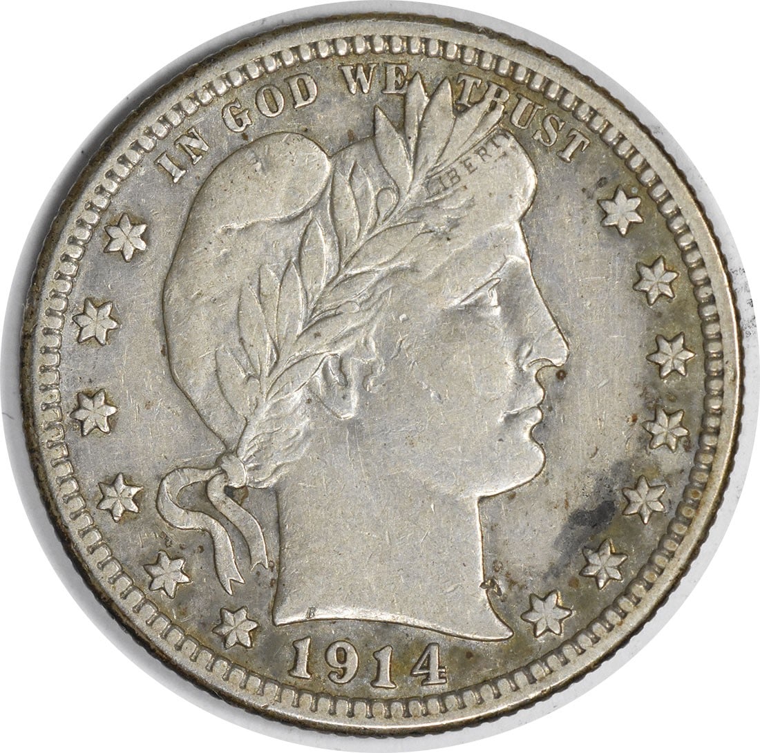 1914-S Barber Silver Quarter 25C EF Uncertified San Francisco: 1914-S Barber Silver Quarter 25C EF Uncertified San Francisco This 1914-S Barber Silver Quarter is a notable piece for collectors. Featuring a design by Charles E. Barber, this circulated coin showcas