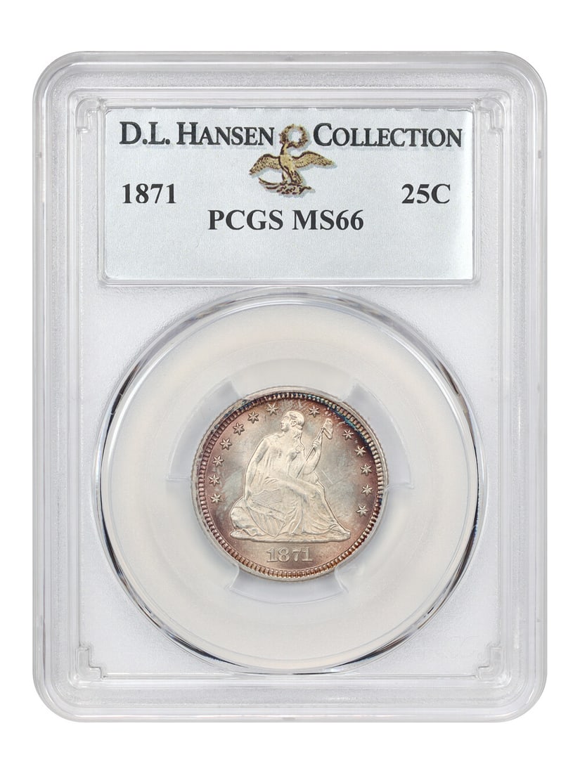 Liberty Seated Quarter 1871 25C PCGS MS66 ex D.L. Hansen: Liberty Seated Quarter 1871 25C PCGS MS66 ex D.L. Hansen An 1871 25C Liberty Seated Quarter certified by PCGS and graded MS66. This uncirculated Philadelphia issue is described as a top-tier, registry