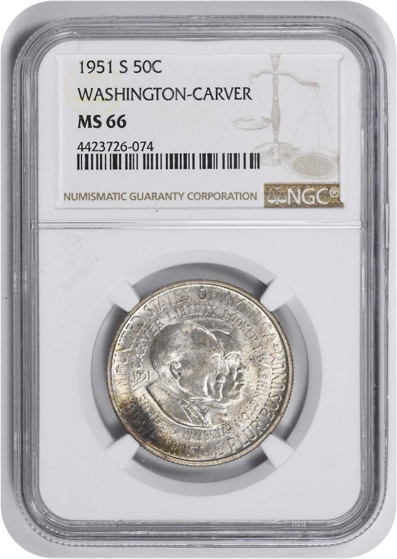 1951-S Silver Half Dollar Carver Commemorative MS66 NGC Certified: 1951-S Silver Half Dollar Carver Commemorative MS66 NGC Certified This commemorative silver half dollar from 1951 was minted in San Francisco and honors W. Carver. Certified by NGC with a grade of MS6