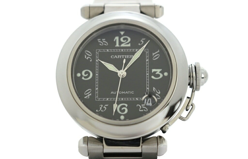 Cartier Pasha C Automatic Stainless Steel Black Dial Unisex Watch: Cartier Pasha C Automatic Stainless Steel Black Dial Unisex Watch This is a pre-owned Cartier Pasha C W31043M7 automatic wristwatch featuring a black dial and a stainless steel case and bracelet. Desi