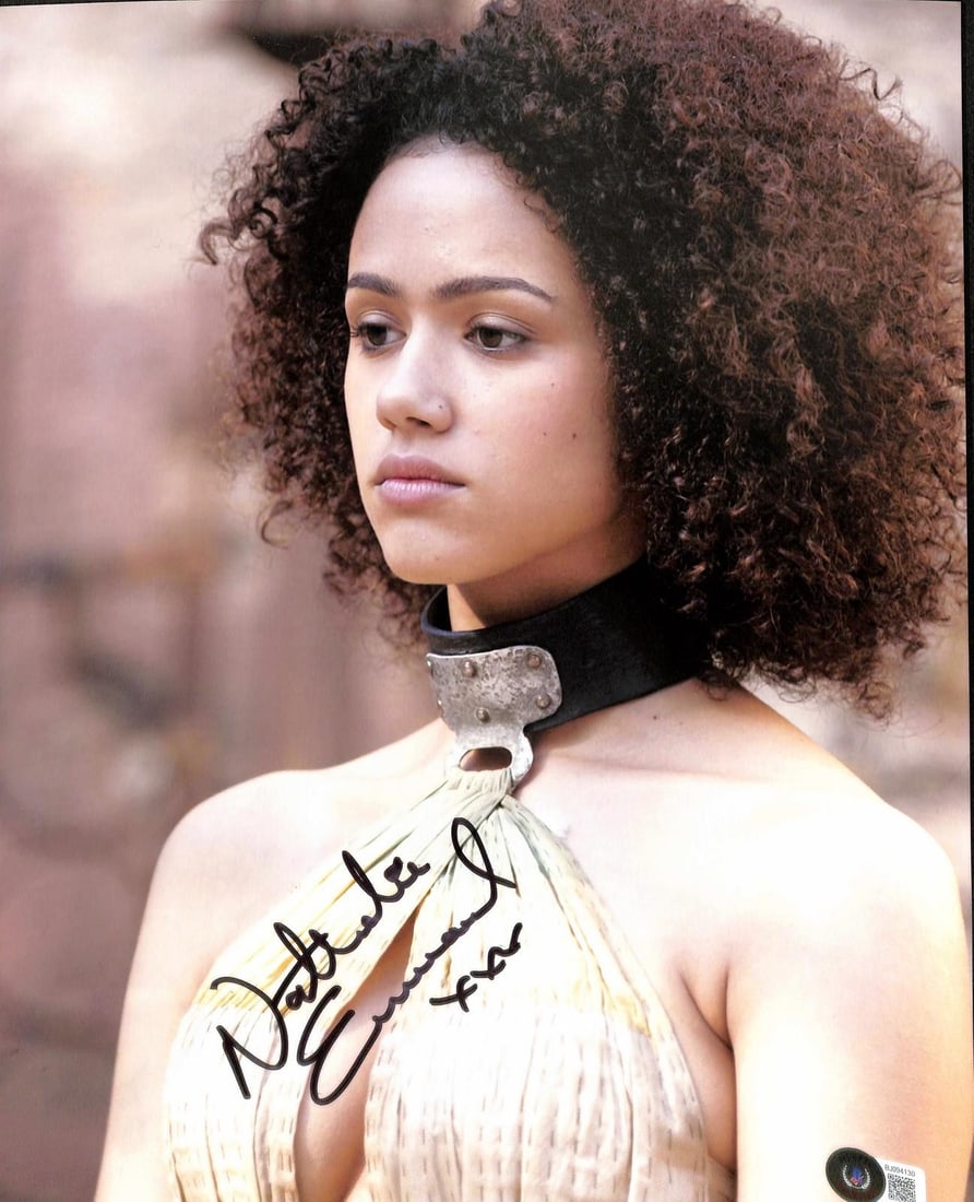 11x14 Game of Thrones photo signed by Nathalie Emmanuel BAS: 11x14 Game of Thrones photo signed by Nathalie Emmanuel BAS This 11x14 photograph features a hand-signed autograph by actress Nathalie Emmanuel, known for her role as Missandei in the HBO series Game 