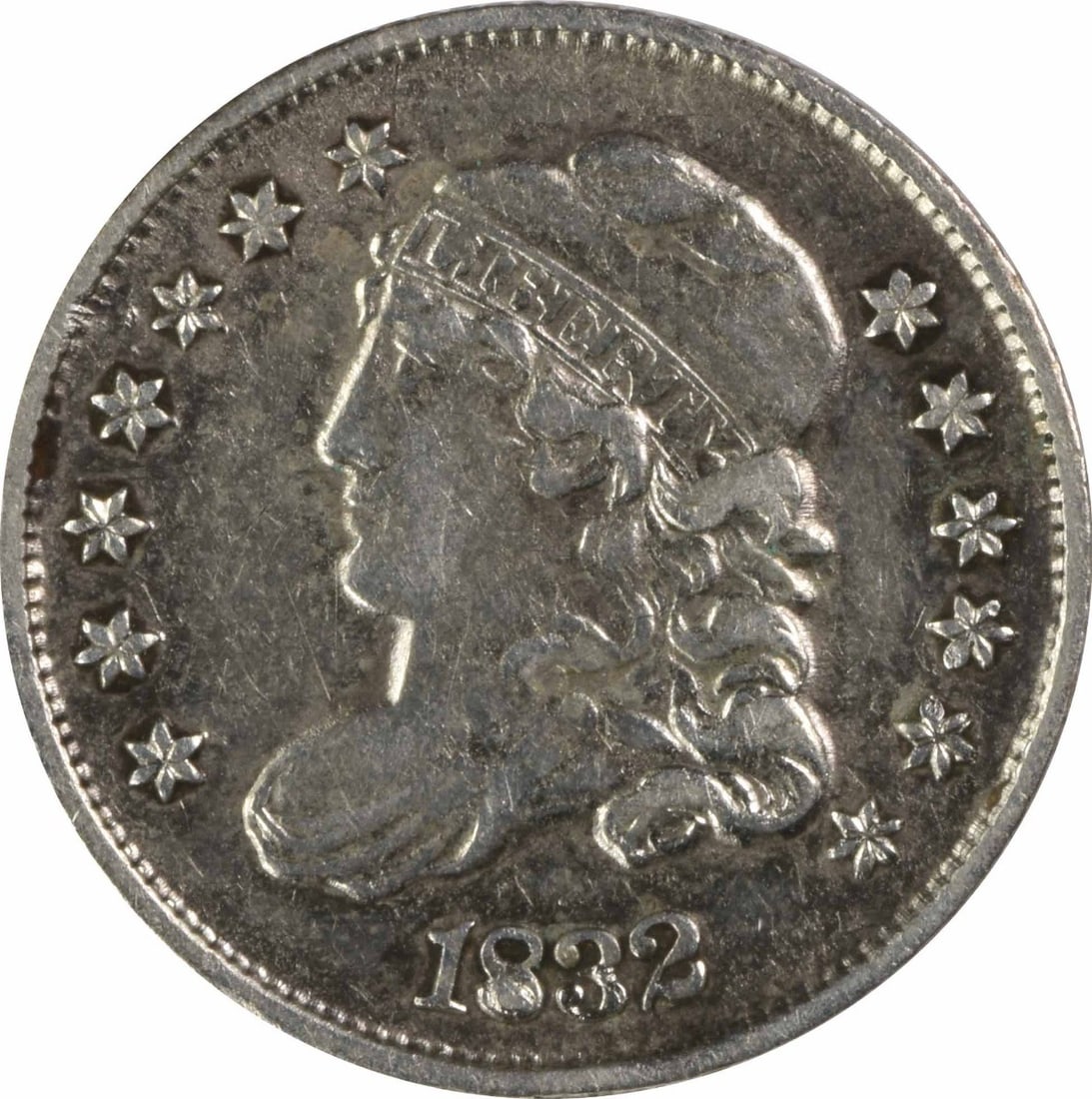 1832 Capped Bust Half Dime AU Uncertified Philadelphia Mint 89.2% Silver: 1832 Capped Bust Half Dime AU Uncertified Philadelphia Mint 89.2% Silver This 1832 Capped Bust Silver Half Dime is a remarkable piece for any coin collector. Featuring a design by William Kneass, this
