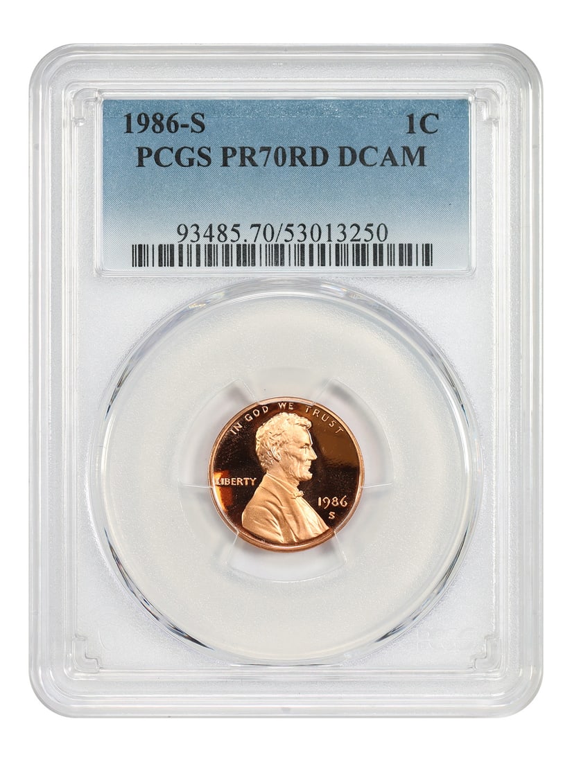 PCGS PR70RD DCAM 1986-S Lincoln Cent Modern 1C: PCGS PR70RD DCAM 1986-S Lincoln Cent Modern 1C 1986-S Lincoln Cent (Modern) certified by PCGS with certification number 53013250. It is an uncirculated proof coin graded PR70RD with DCAM designation. 