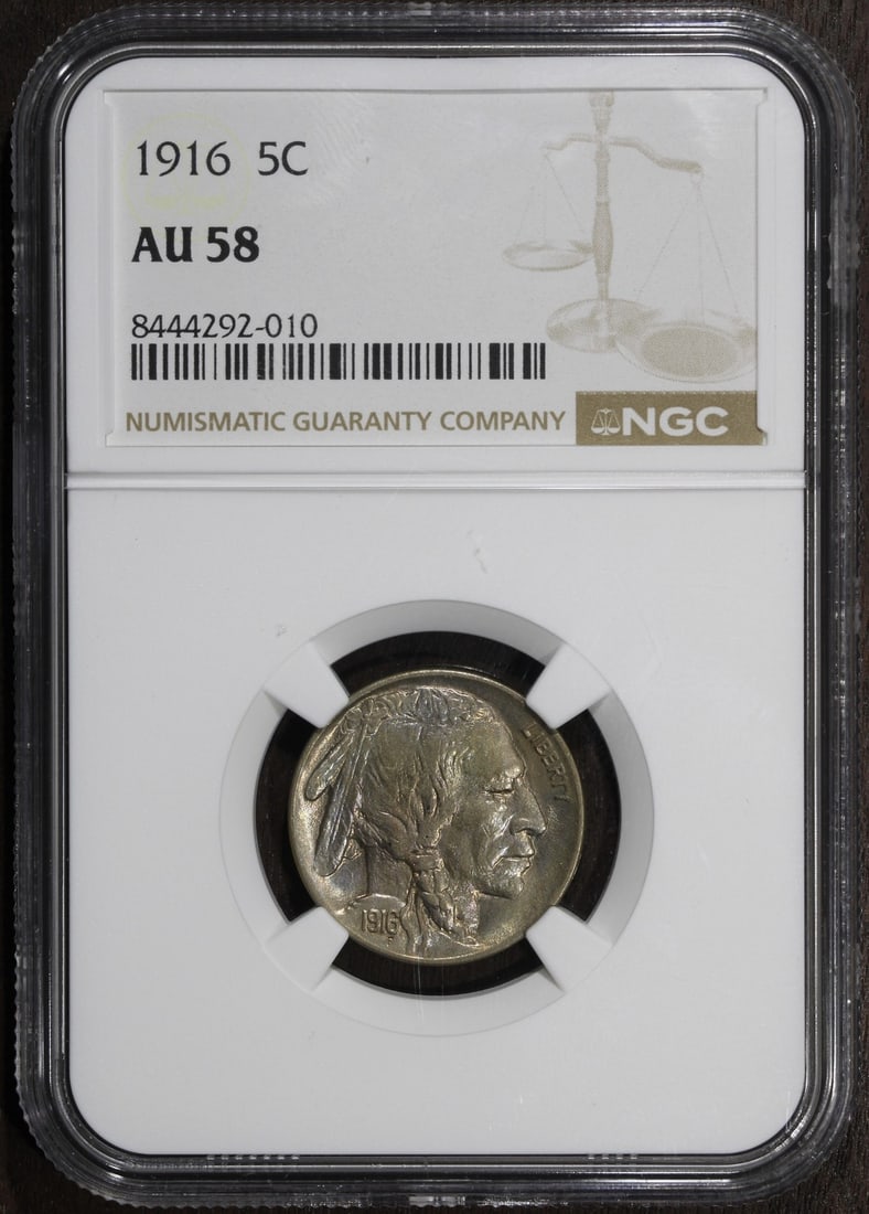 NGC AU58 1916 Buffalo 5C Copper Philadelphia: NGC AU58 1916 Buffalo 5C Copper Philadelphia This 1916 Buffalo Nickel is graded AU 58 by NGC, indicating it is in About Uncirculated condition with attractive color. Struck in copper at the Philadelph