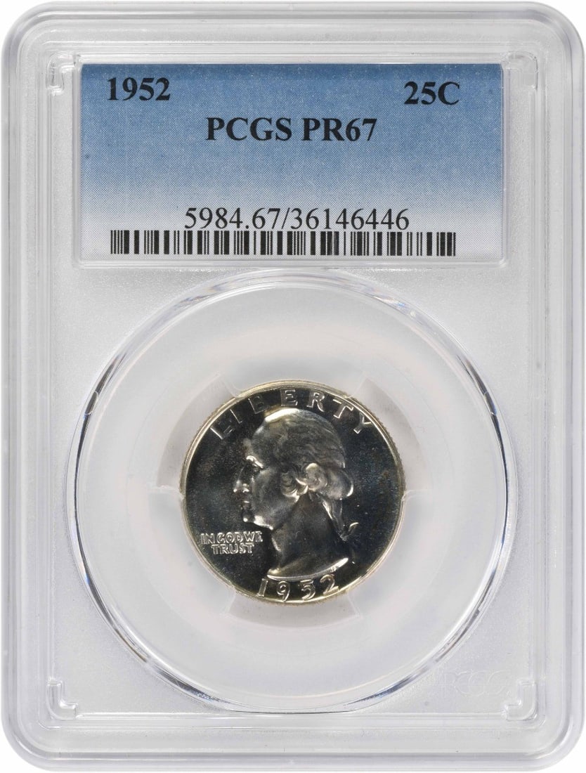 1952 Proof Washington Quarter 90 Percent Silver PCGS PR67: 1952 Proof Washington Quarter 90 Percent Silver PCGS PR67 This 1952 Washington Quarter is a proof coin graded PR67 by PCGS. Struck at the Philadelphia Mint, it is composed of 90% silver and 10% copper