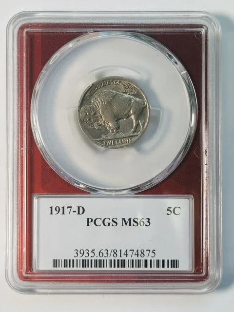 PCGS MS-63 1917-D 5 Cents Buffalo Nickel: PCGS MS-63 1917-D 5 Cents Buffalo Nickel A 1917-D Buffalo Nickel certified by PCGS and graded MS 63. This pre-owned 5 cent coin is composed of nickel and was minted in Denver, USA. Specifications Year