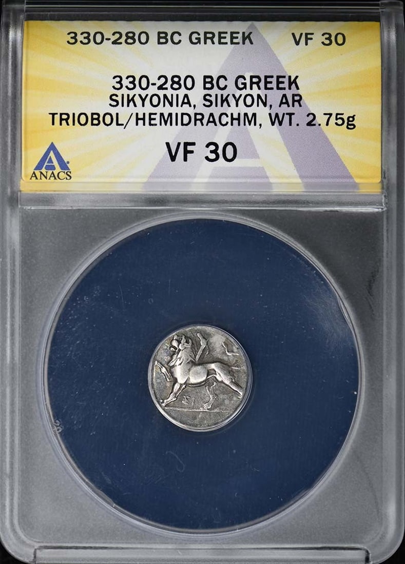 Ancient Greece Sikyonia Sikyon Hemidrachm 330-280 BC ANACS VF30: Ancient Greece Sikyonia Sikyon Hemidrachm 330-280 BC ANACS VF30 Ancient Greek hemidrachm from Sikyonia, Sikyon, dated 330-280 BC. Certified by ANACS and listed in pre-owned condition. Specifications I