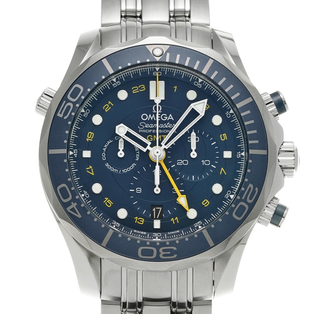 OMEGA 212.30.44.52.03.001 Seamaster Diver 300M GMT Chronograph Watch: OMEGA 212.30.44.52.03.001 Seamaster Diver 300M GMT Chronograph Watch Pre-owned OMEGA Seamaster Diver 300M Co-Axial GMT Chronograph wristwatch for men. This Swiss-made model is identified by reference 