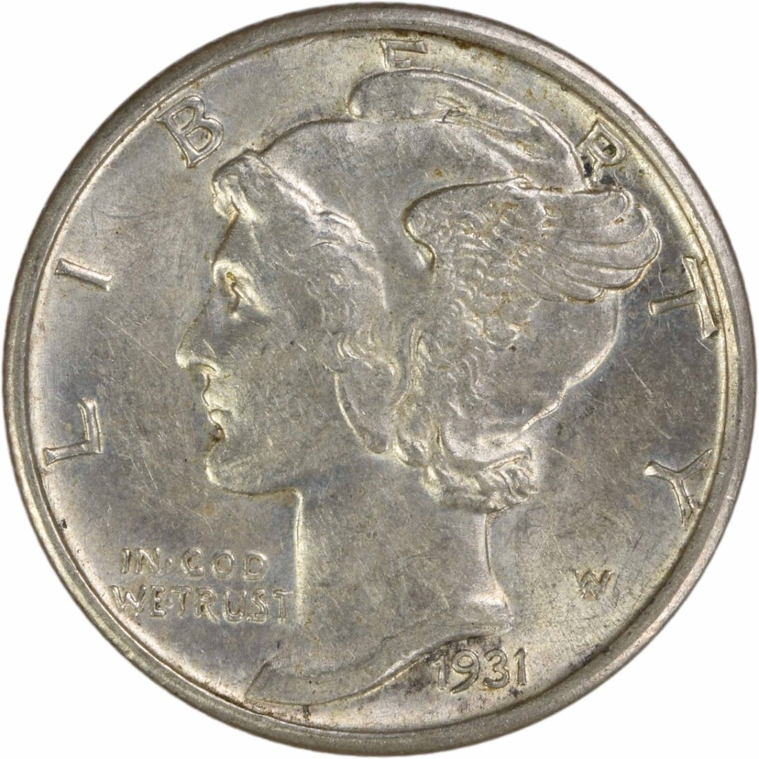 San Francisco 1931 Mercury Dime 90 Percent Silver AU Uncertified: San Francisco 1931 Mercury Dime 90 Percent Silver AU Uncertified This 1931-S Mercury Dime is composed of 90% silver and 10% copper, minted in San Francisco. Designed by Adolph Alexander Weinman, the c