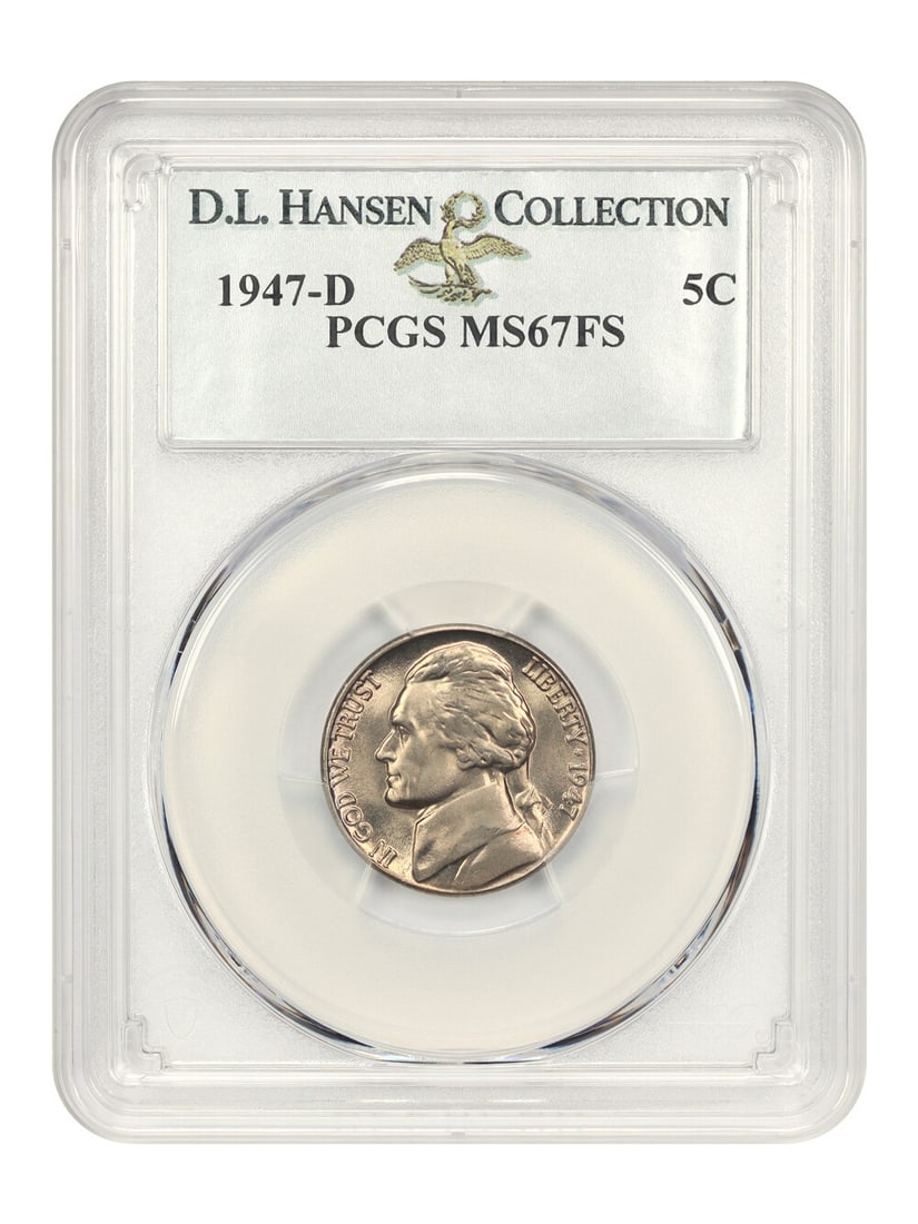 1947-D Jefferson Nickel 5C PCGS MS67 FS Certified Rare Coin: 1947-D Jefferson Nickel 5C PCGS MS67 FS Certified Rare Coin This 1947-D 5c Jefferson Nickel is certified by PCGS with a grade of MS67 FS, indicating it is uncirculated and exhibits full steps. Minted 