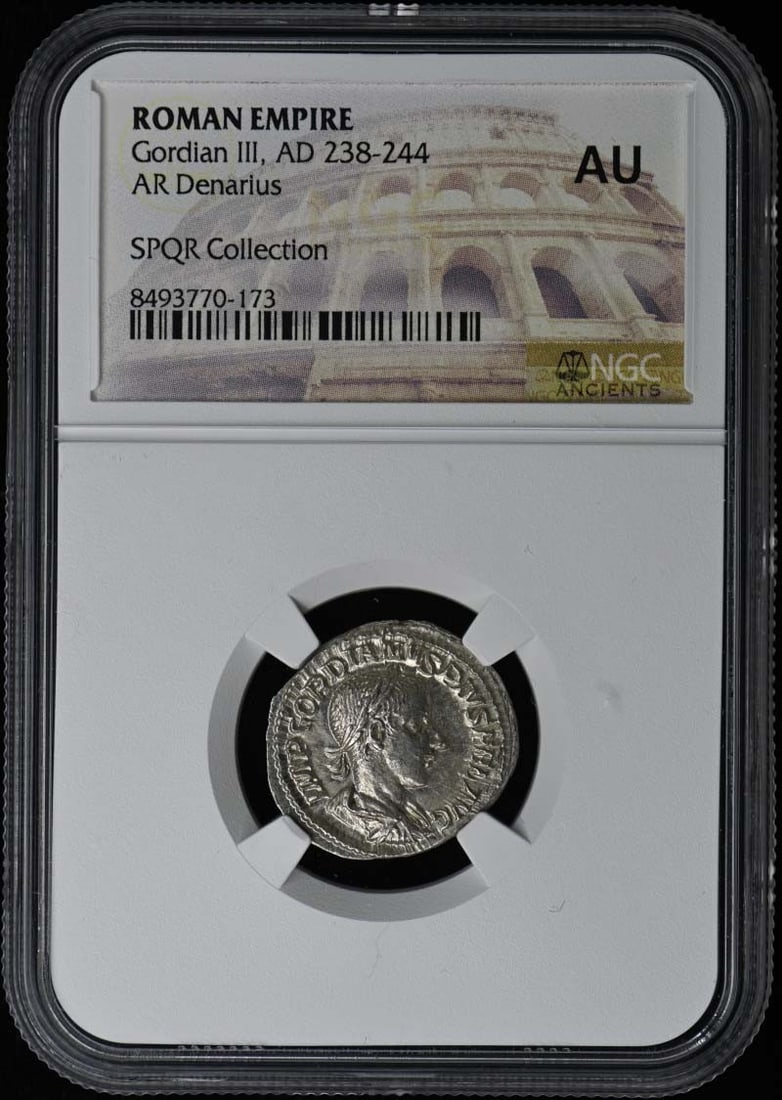 NGC AU50 Denarius Silver Coin of Gordian III Roman Empire: NGC AU50 Denarius Silver Coin of Gordian III Roman Empire This is a Roman Empire AR Denarius featuring Gordian III, dating from AD 238-244. The coin has been certified by NGC and graded as AU (About U