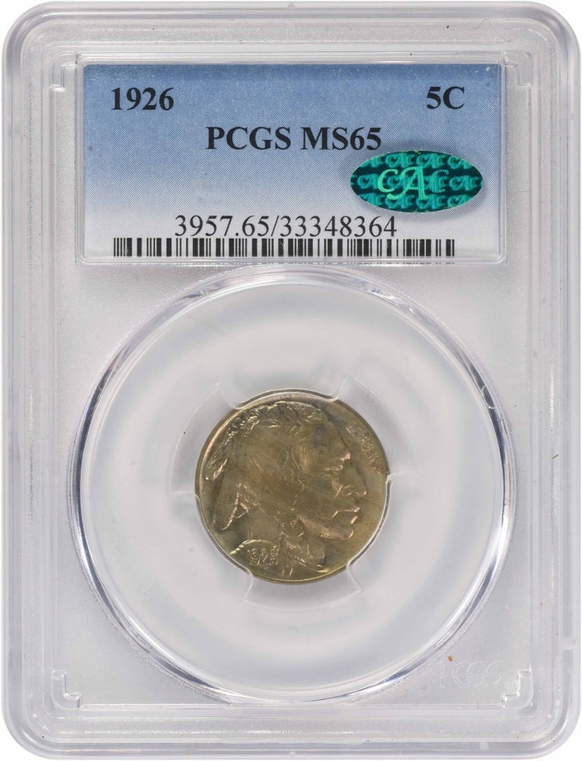 1926 Buffalo Five Cent Coin PCGS MS65 CAC Certified Uncirculated: 1926 Buffalo Five Cent Coin PCGS MS65 CAC Certified Uncirculated This is an uncirculated 1926 Buffalo Nickel graded MS65 by PCGS and certified by CAC. Struck at the Philadelphia Mint, this iconic Unit