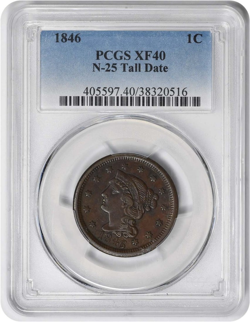 1846 Tall Date Braided Hair Large Cent PCGS XF40 Copper Coin (1 of 2)