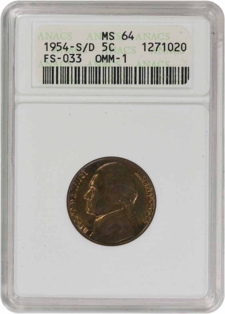 ANACS MS64 1954-S Over D Jefferson Nickel FS-501 Variety: ANACS MS64 1954-S Over D Jefferson Nickel FS-501 Variety This 1954-S/D Jefferson Nickel is an OMM FS-501 variety, certified MS64 by ANACS. The coin is uncirculated and features a composition of 75% co