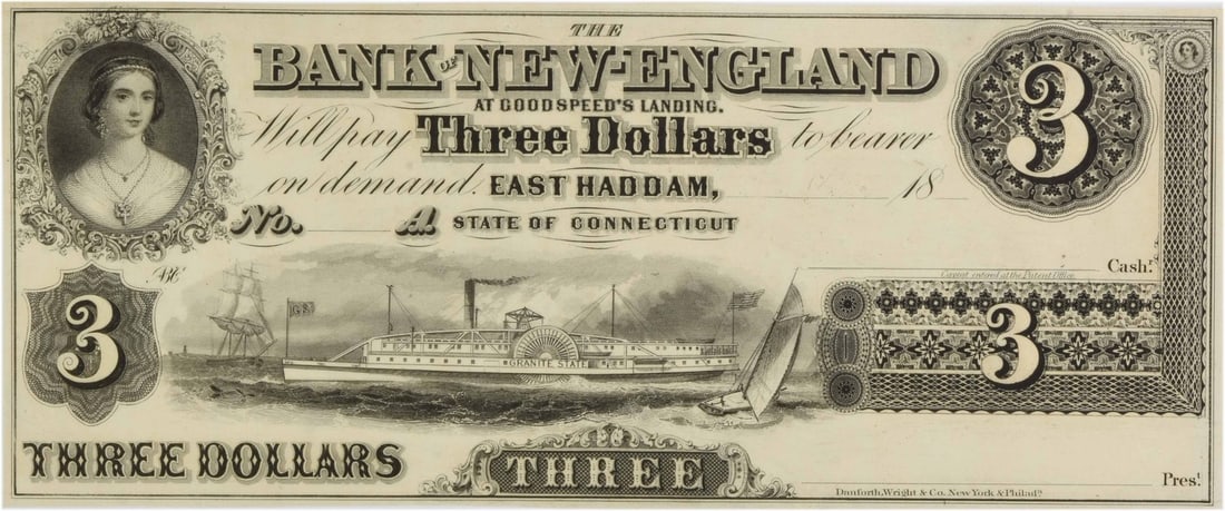 Uncirculated $3 Note Bank of New England East Haddam Connecticut Uncertified (1 of 2)