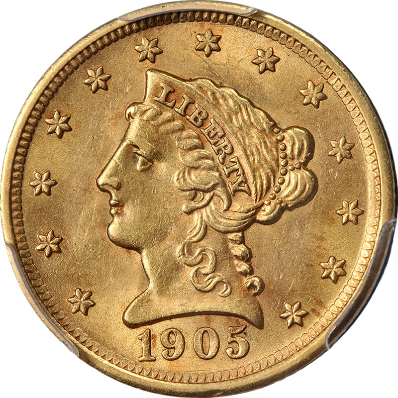 1905 Liberty Quarter Eagle Gold Coin PCGS MS62 Uncirculated: 1905 Liberty Quarter Eagle Gold Coin PCGS MS62 Uncirculated This 1905 Liberty Gold $2.50 coin is graded PCGS MS62, indicating it is in uncirculated condition. The coin features impressive eye appeal w